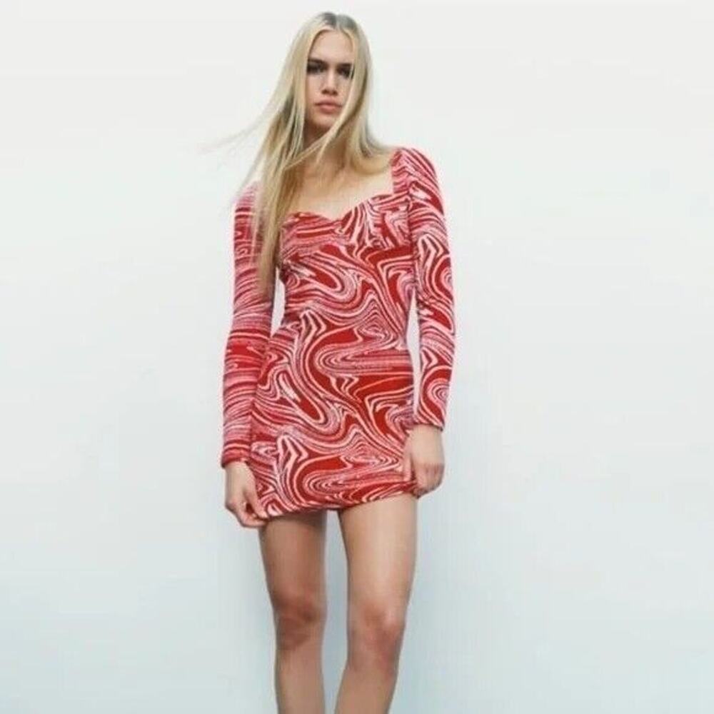 Zara Marble Long Sleeve Stretch Knit Sweetheart Bodycon Mini Dress S Red White